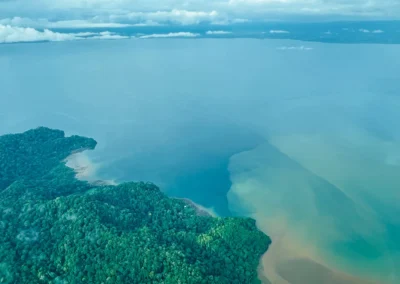Aerial view of Golfo Dulce and Puerto Jiménez on the Osa Peninsula, Costa Rica.