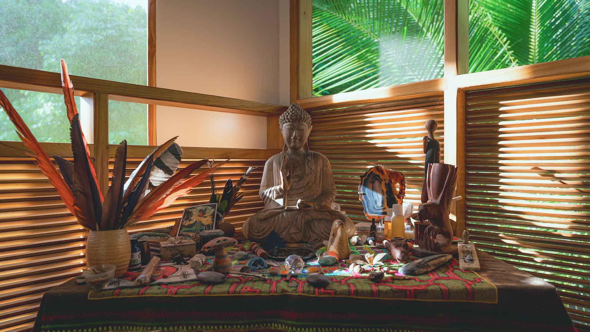 shamanic-altar-sacred-tobacco-plant-medicine-costa-rica Shamanic altar at Templo del Tigre featuring sacred tobacco and Amazonian tree medicines — a space for one-on-one master plant dietas in Costa Rica.