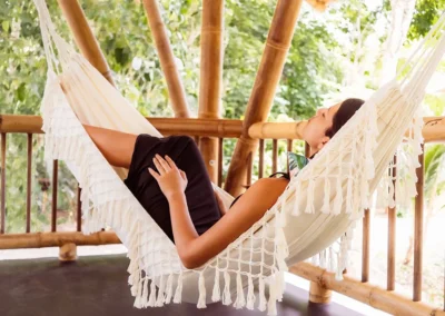 Dieter resting in a hammock at Templo del Tigre during a Master Plant Dieta retreat in the Osa Peninsula, Costa Rica.