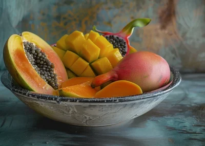 Fresh organic tropical fruit bowl from farm-to-table harvest at Templo del Tigre plant medicine retreat center in Costa Rica.